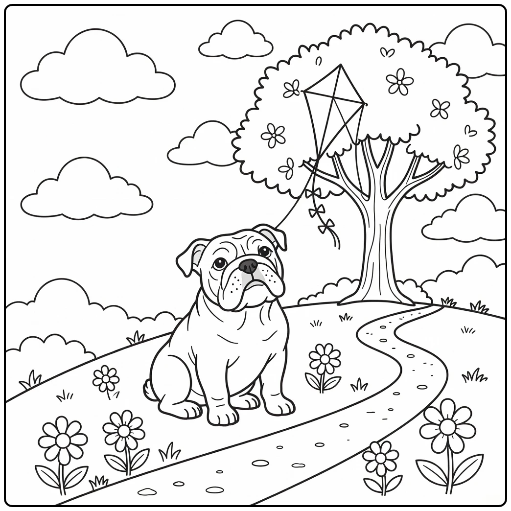A cute english bulldog coloring page with a kite in a tree.