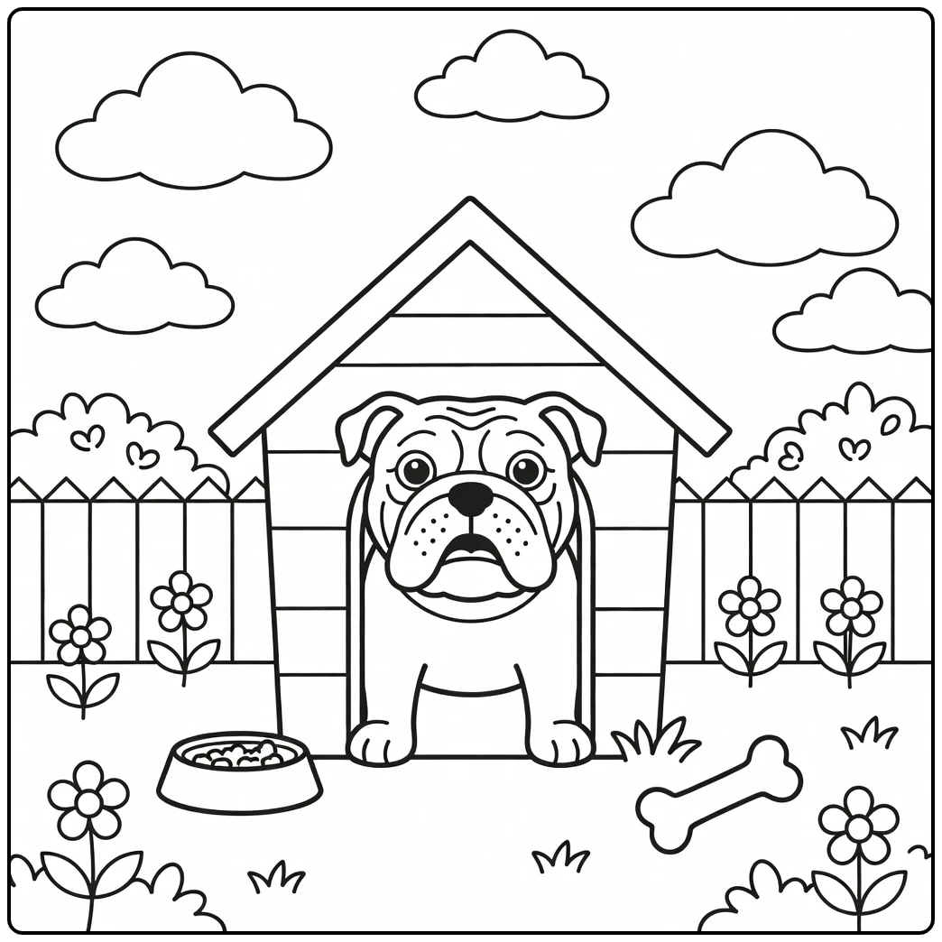 A curious pup on an english bulldog coloring page with a bone.