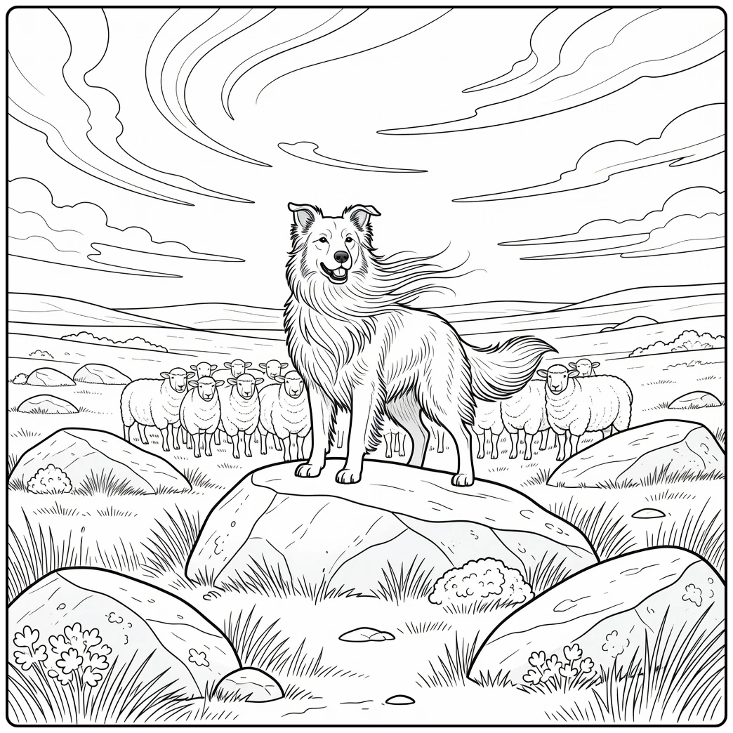 Alert sheepdog coloring page on windy moorland rock, flock nearby.