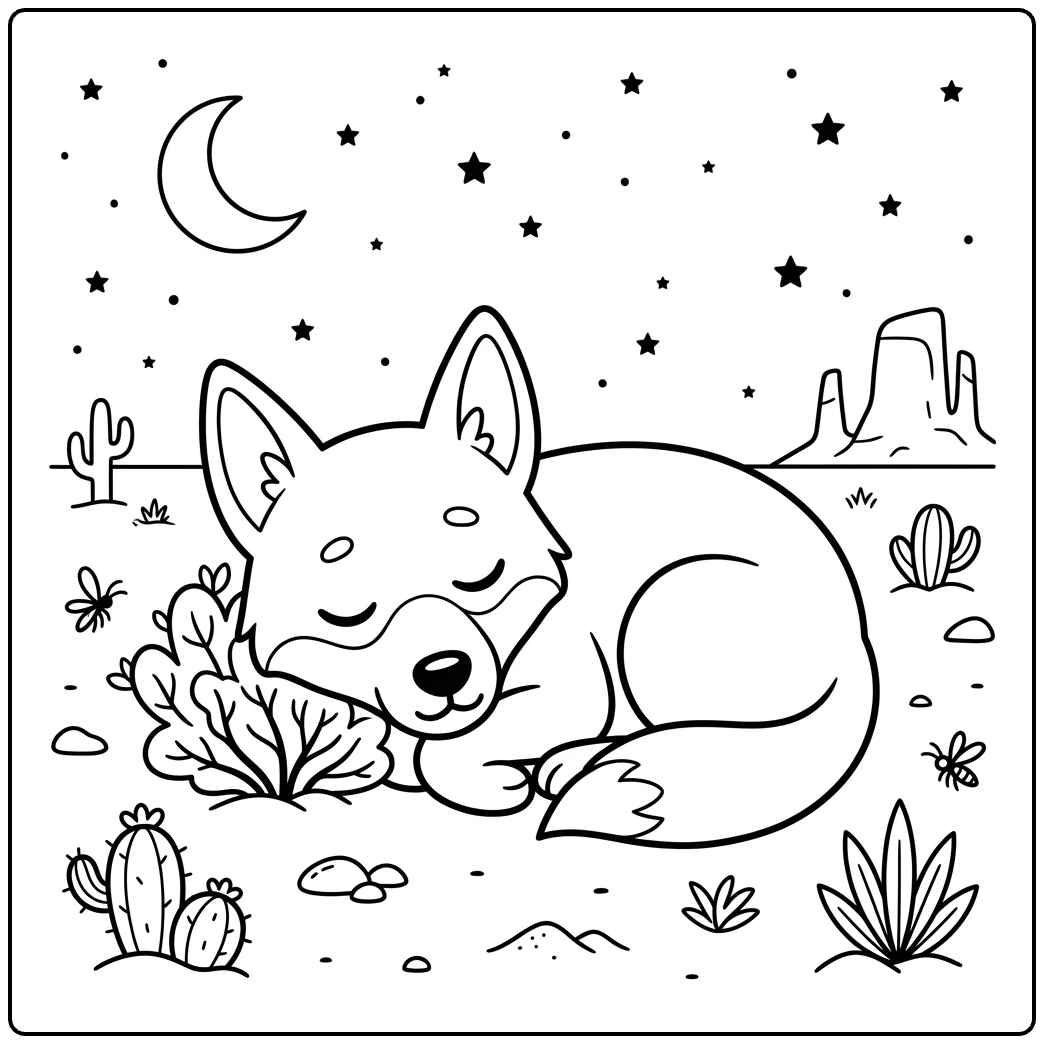 Curled up sleepy Dingo coloring page under a starry desert sky.
