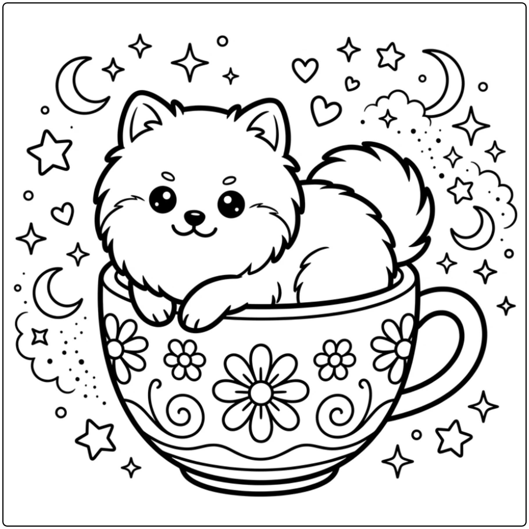 Cute Teacup Pomeranian coloring page in a mug with stars.