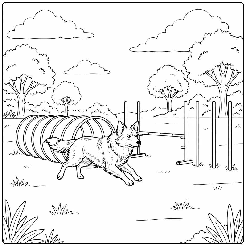 Agile border collie coloring page bursting from an agility tunnel.