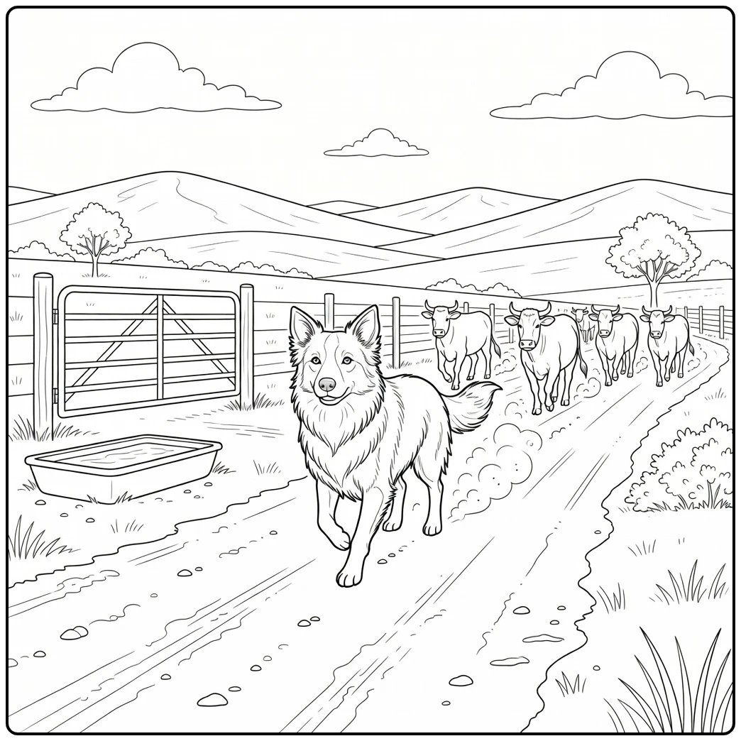 Active border collie coloring page with dog herding cattle at ranch.