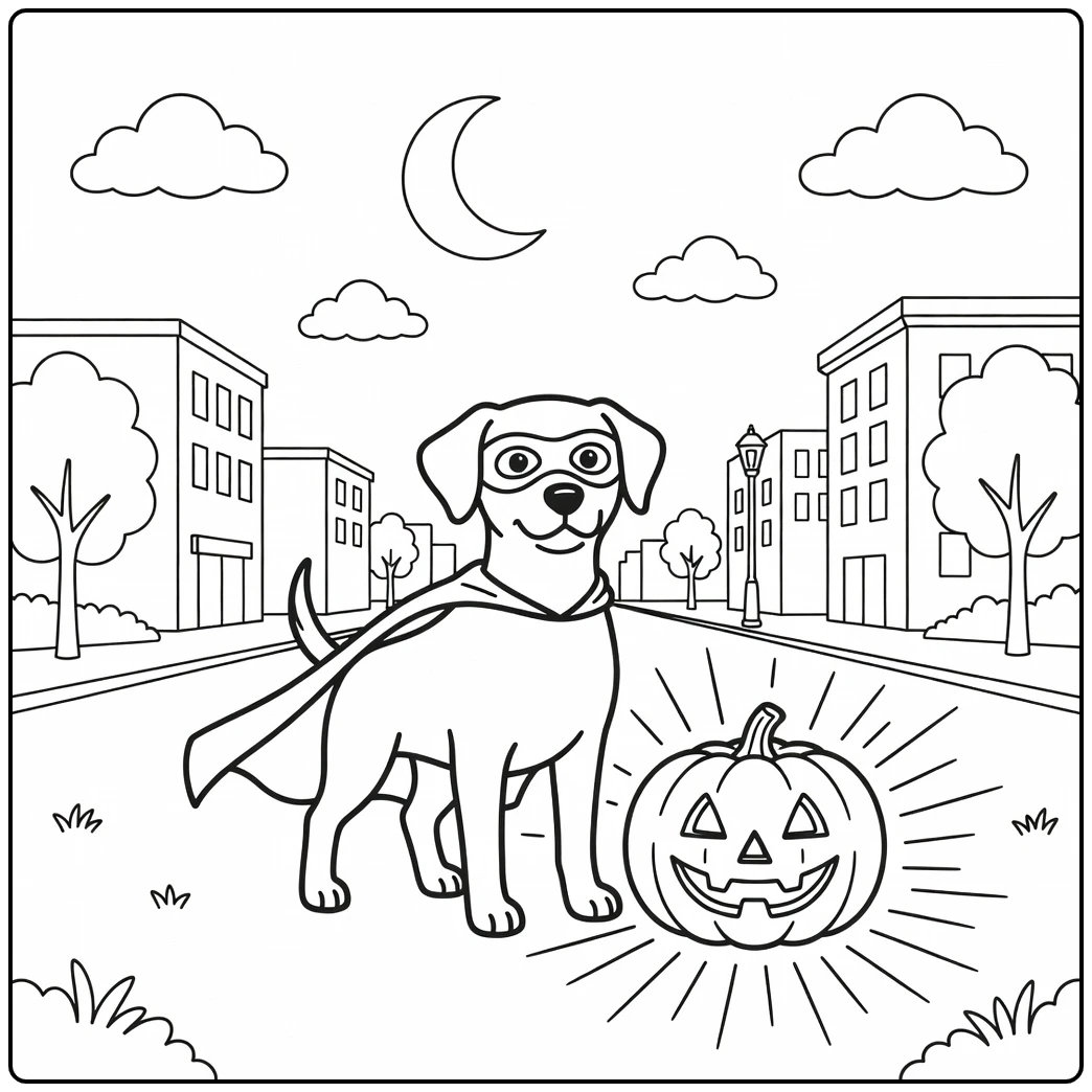 Superhero halloween dog coloring page protecting the city