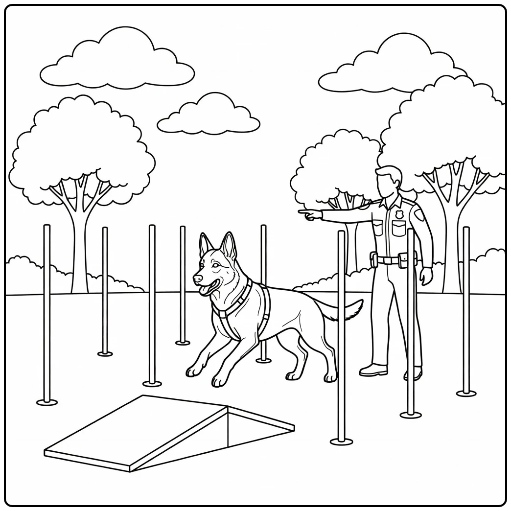 Police dog coloring page, K9 dog on agility course with handler.