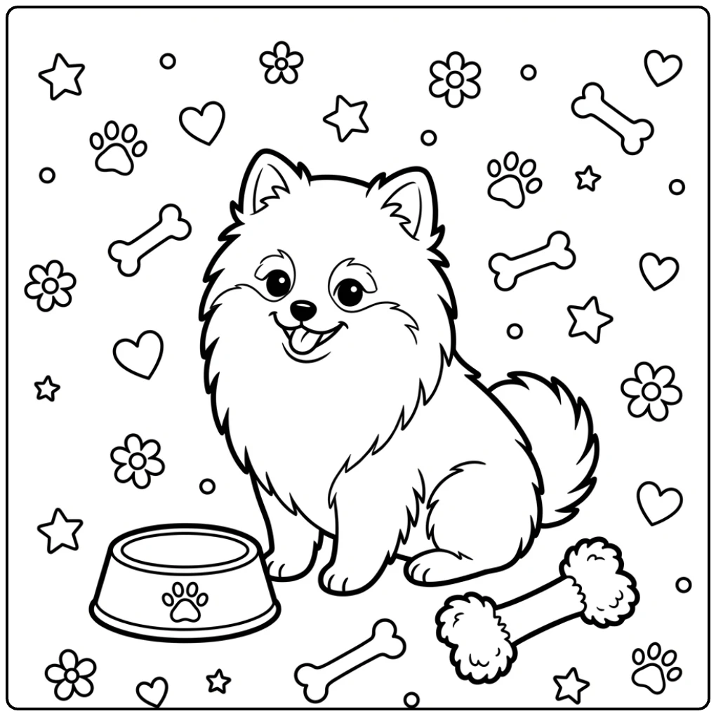 An Easy Pomeranian coloring page featuring a cute playful dog.