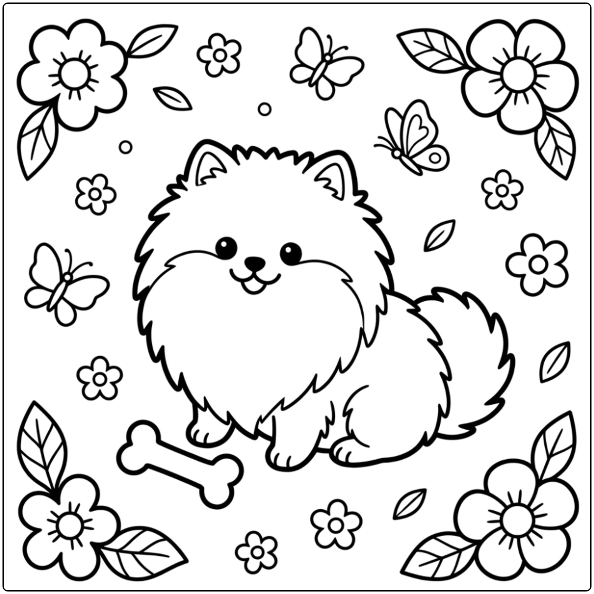 Cute fluffy dog Easy Pomeranian coloring page for kids.