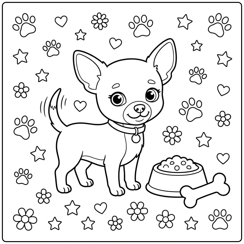 Cute Simple Chihuahua coloring page with a bone and bowl