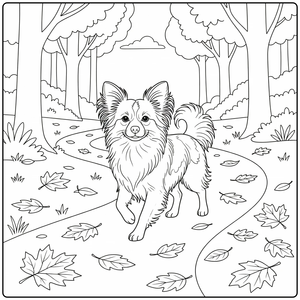 A cheerful Papillon dog on a forest path papillon coloring page.