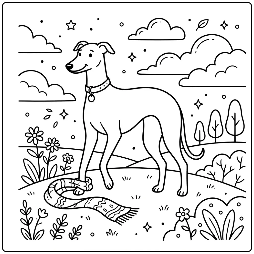 Elegant greyhound standing near a scarf Dog coloring page