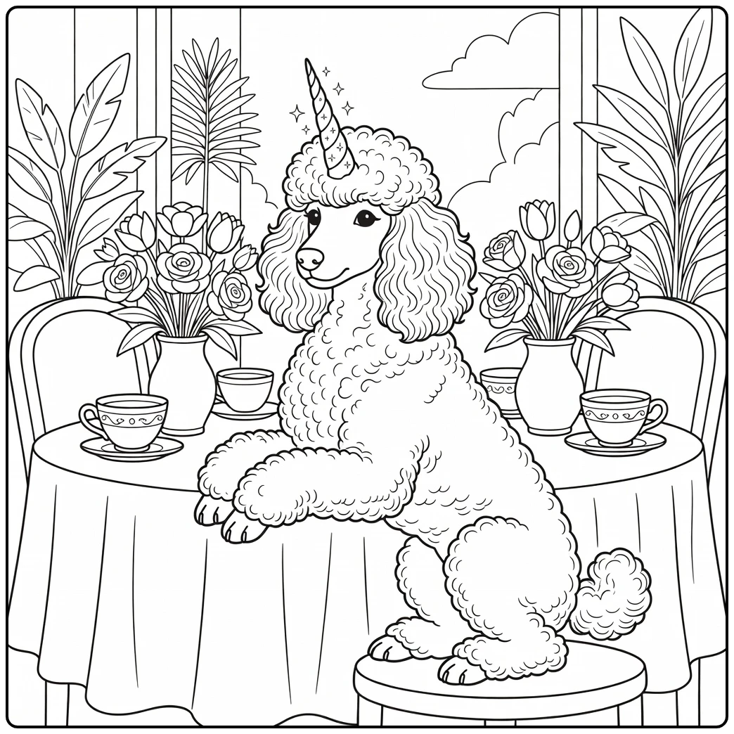 A graceful Poodle at a tea party unicorn dog coloring page.