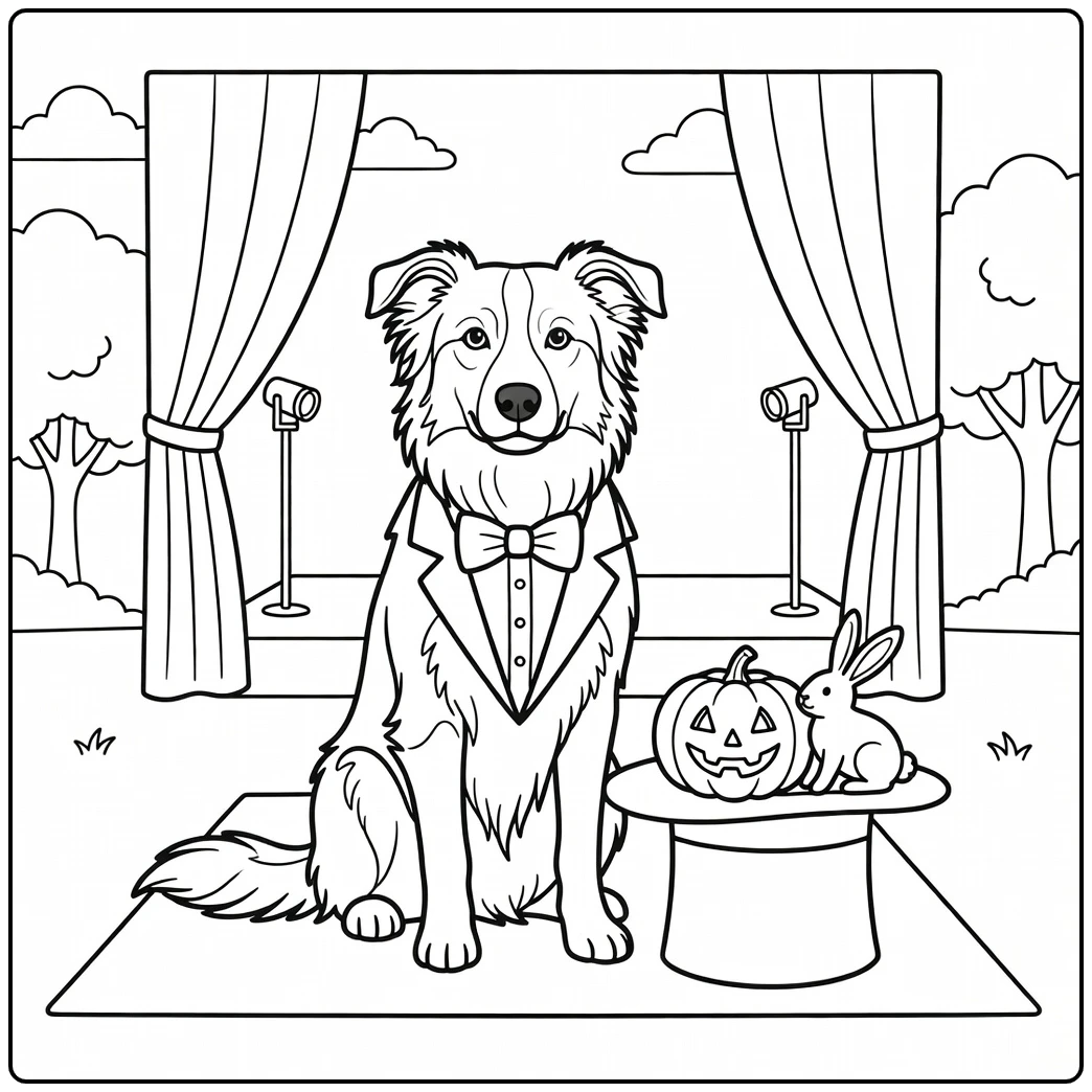 Magician Border Collie performing on stage for halloween dog coloring page.