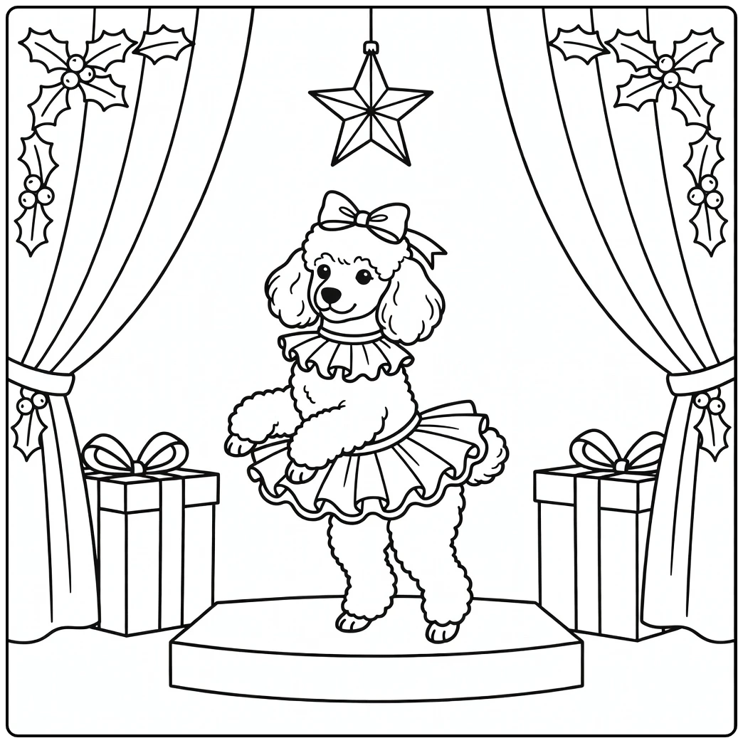 Poodle ballerina on stage: a cute christmas dog coloring page.