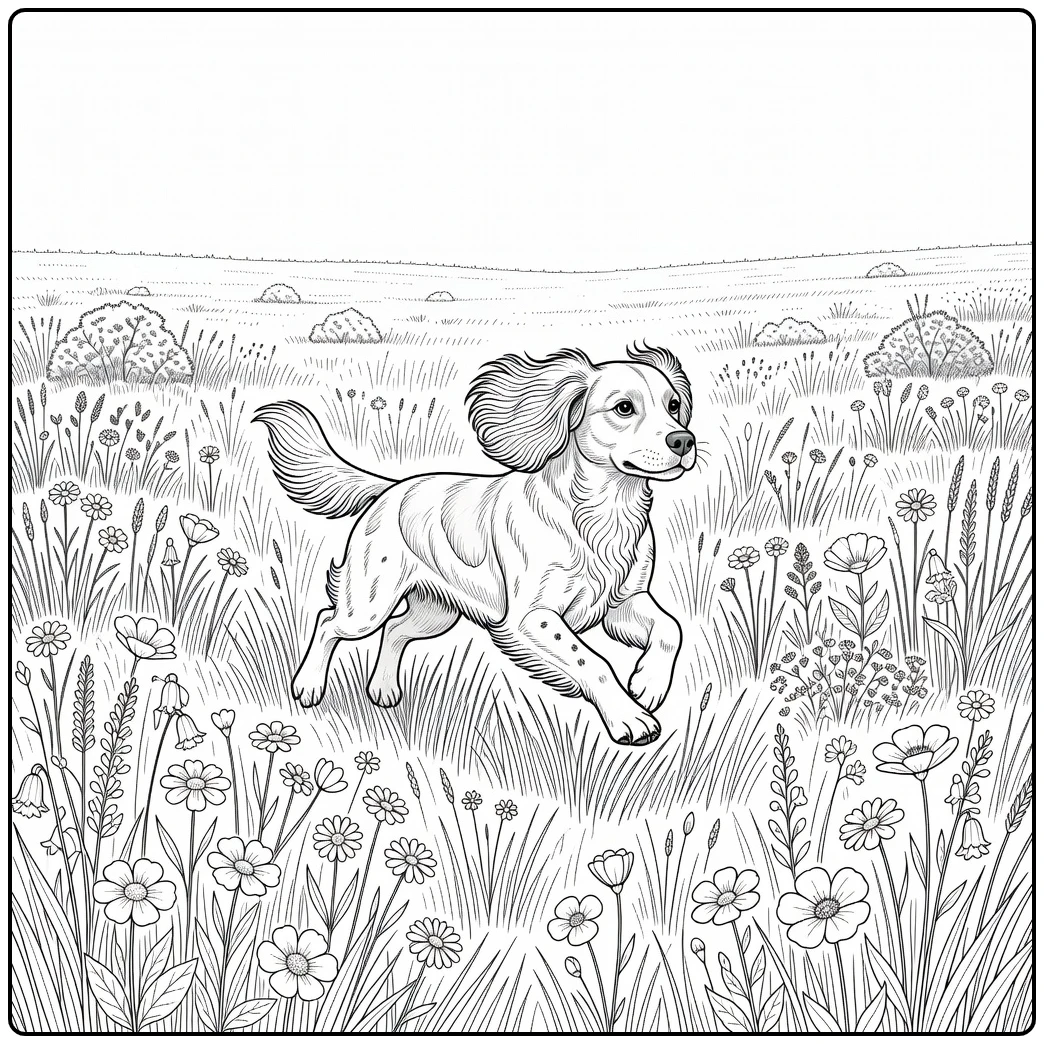 Brittany spaniel coloring page running in wildflower meadow.