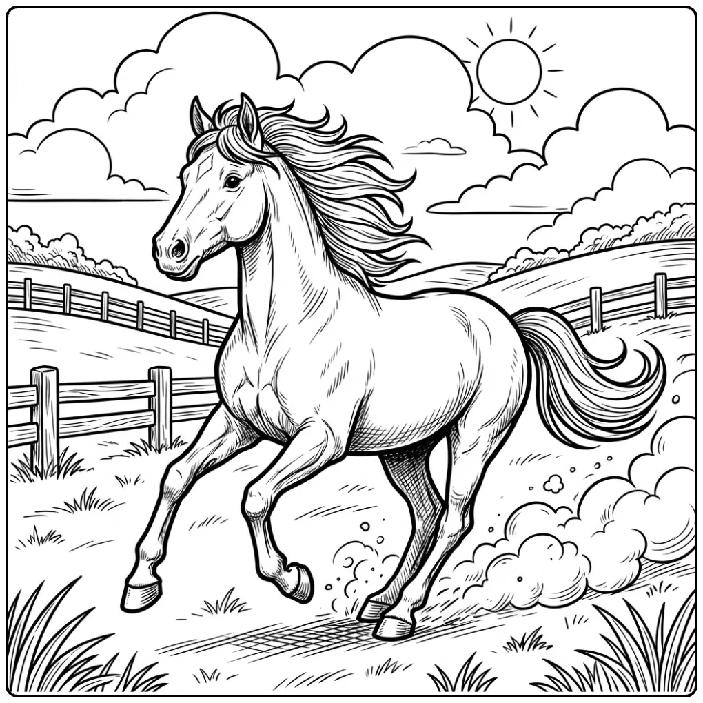 Galloping horse in a field Animal coloring page.