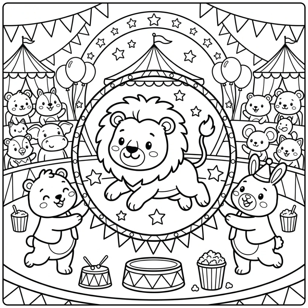 Friendly lion performing in a Circus Animal coloring page show