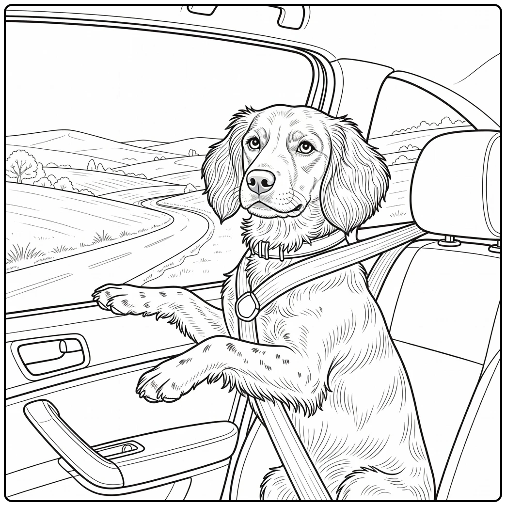 Cheerful brittany spaniel coloring page on a scenic car ride.