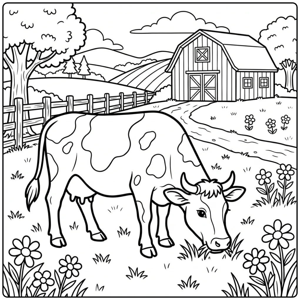 Animal coloring page of a cow grazing in a farm field.