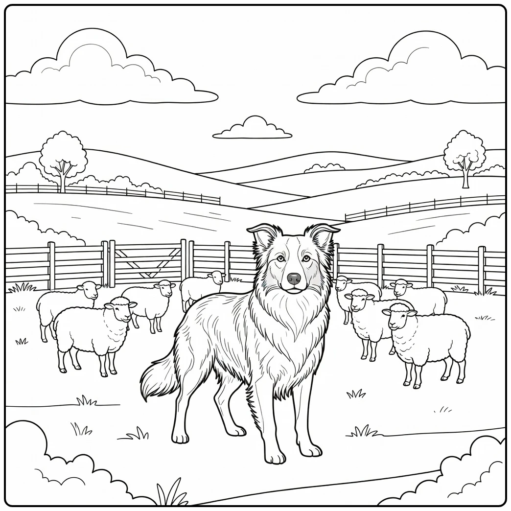 Alert realistic border collie coloring page on a sheep farm.