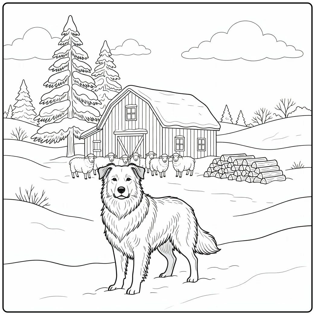 Loyal sheepdog coloring page guarding flock on snowy farm.