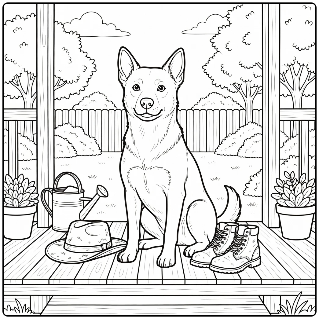 A proud dog on a porch, a fun kelpie coloring page.