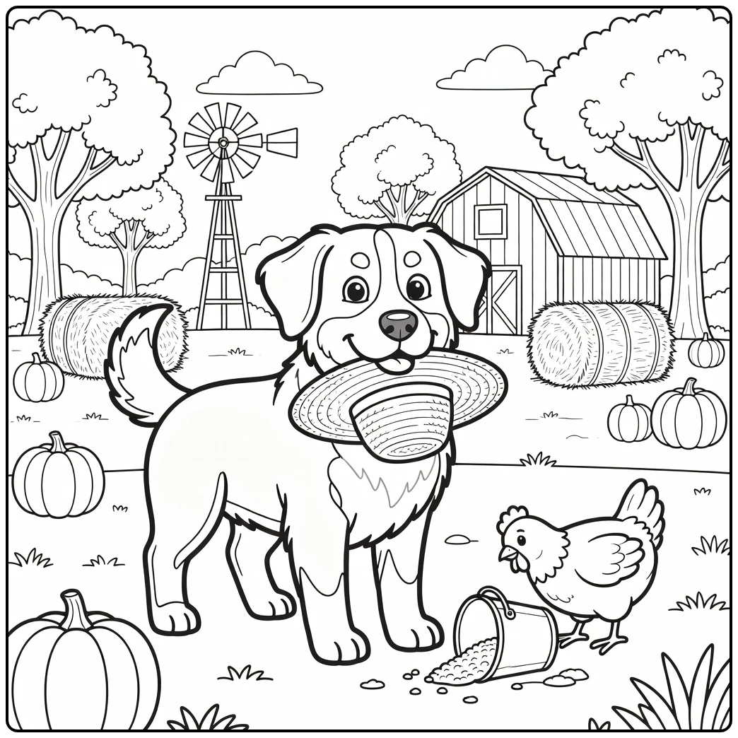 A friendly bernese mountain dog coloring page in a farmyard.