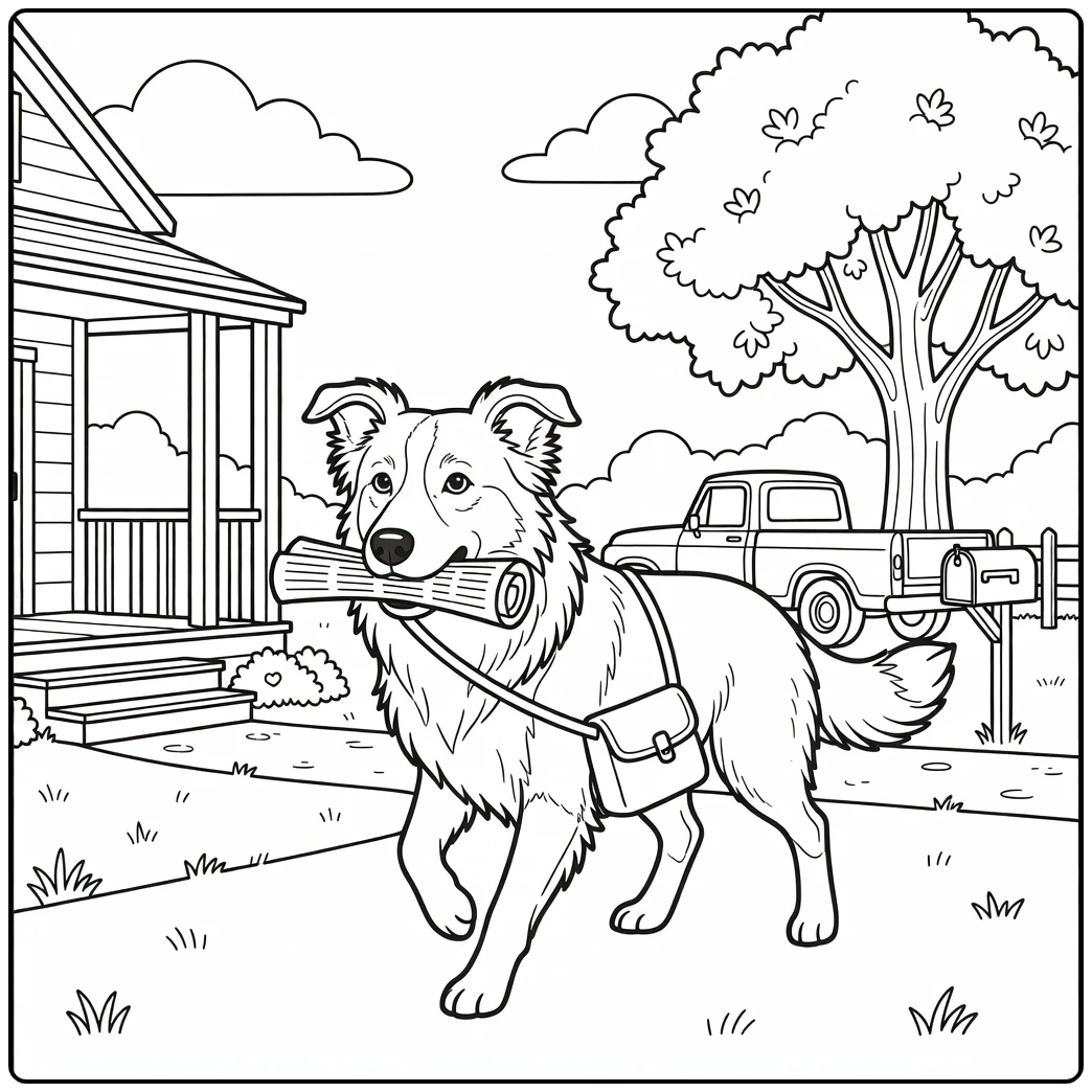 Helpful border collie coloring page delivering mail on a farm