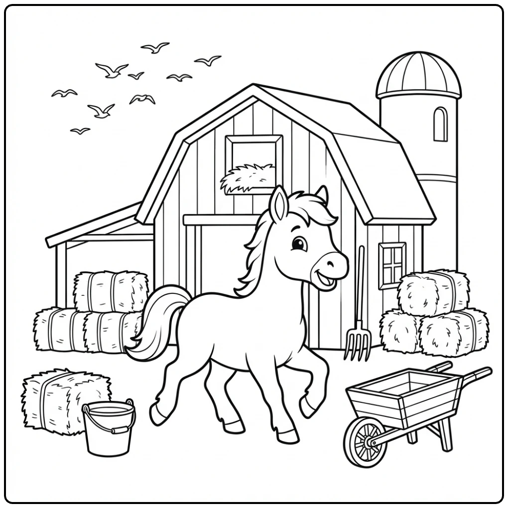 Cute trotting foal by a barn Horse coloring page design