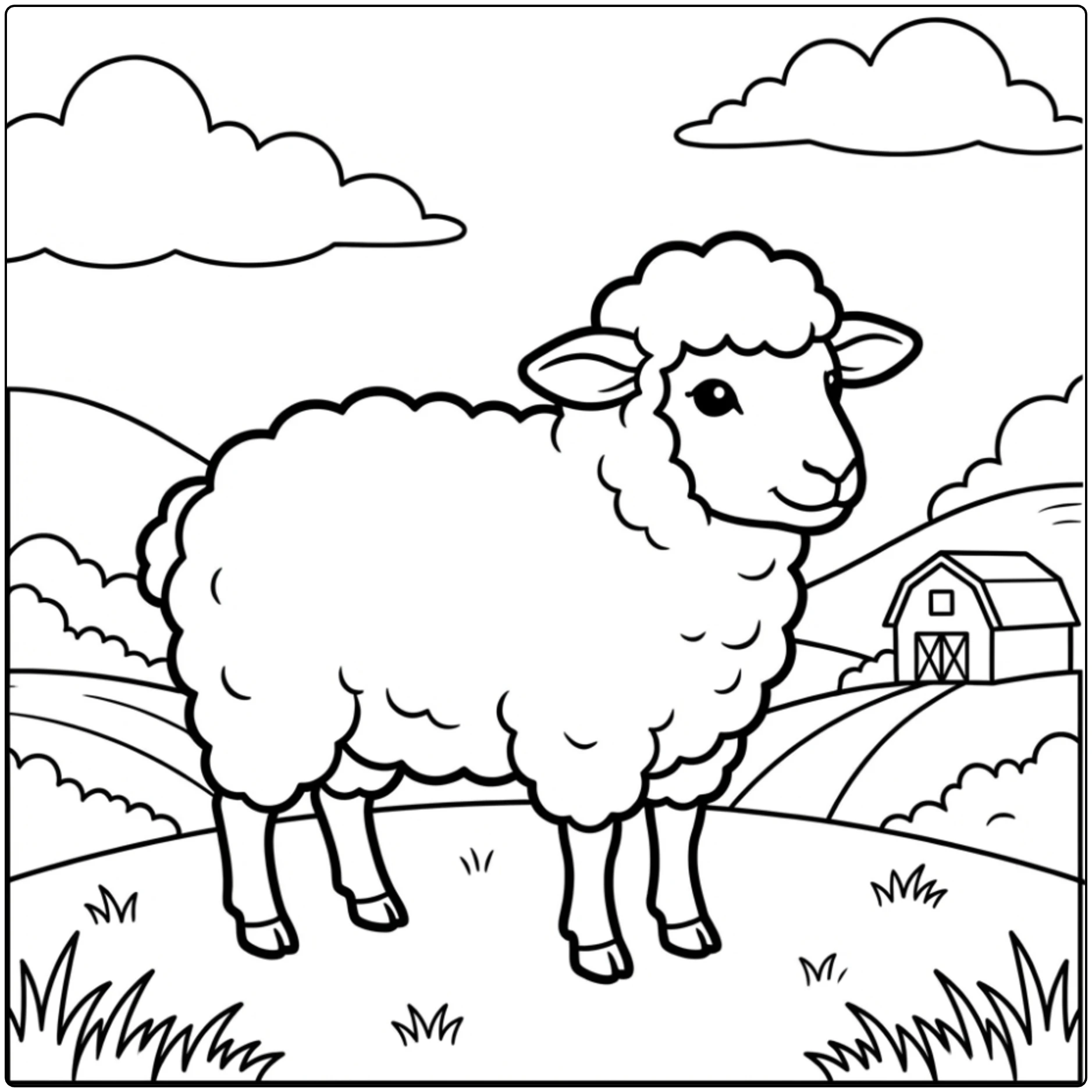 Sheep standing on grass animal coloring page with hills.