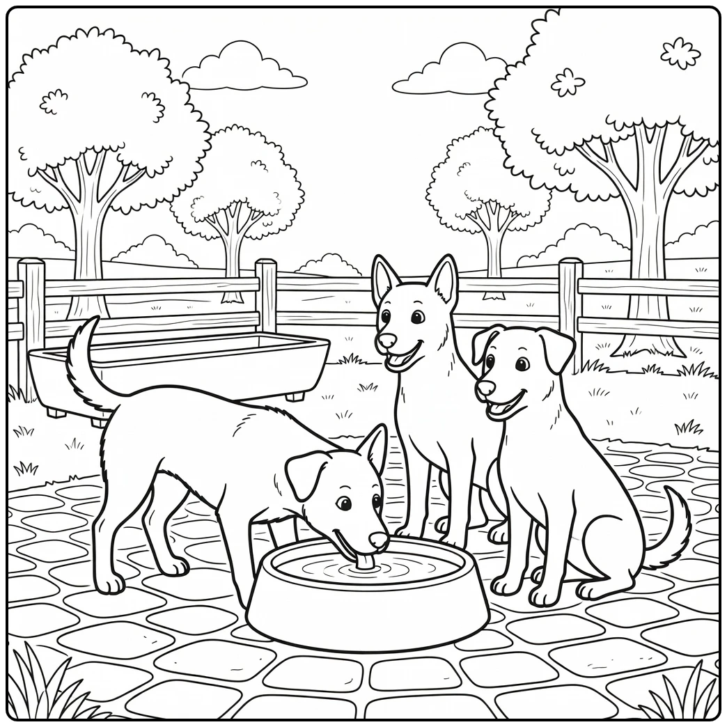 Three happy dogs around a bowl on a farm, a kelpie coloring page.