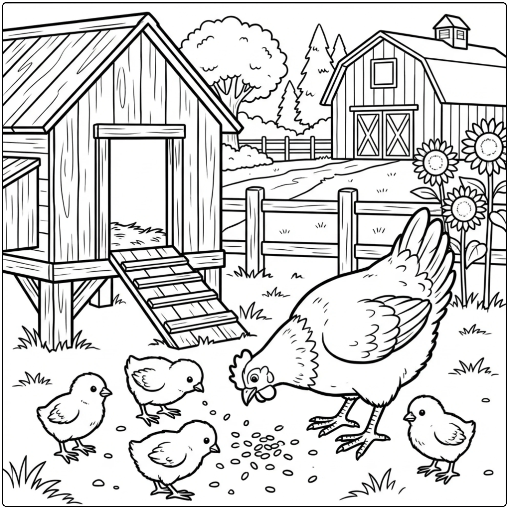 Animal coloring page of a hen and chicks by a coop eating