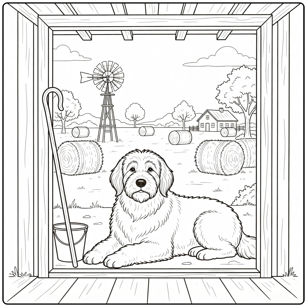 Calm sheepdog coloring page in a cozy farm shed doorway scene.