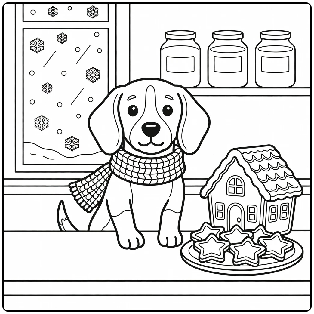A cute Beagle at a bakery, perfect christmas dog coloring page fun.