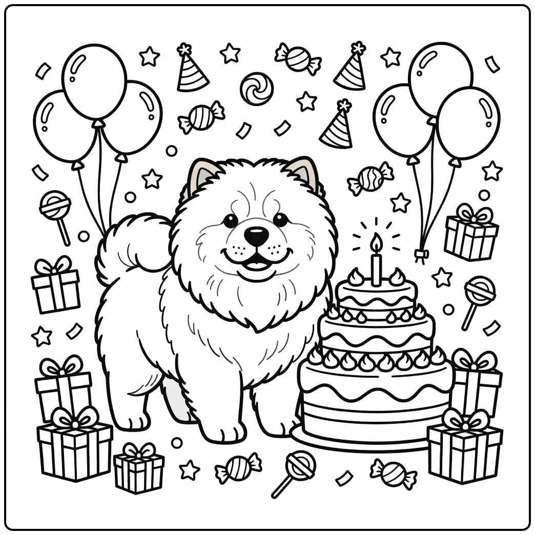 Cute birthday party Chow Chow coloring page with a big cake.