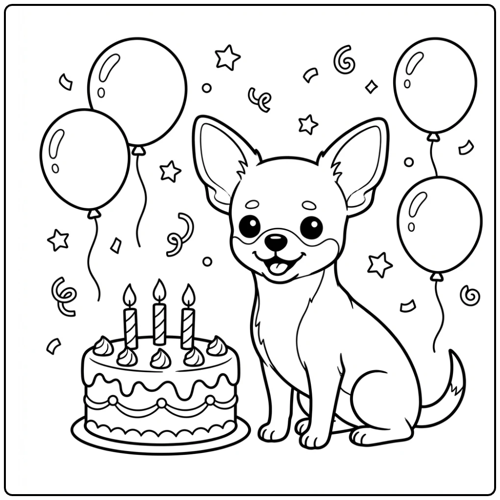 Cute birthday puppy dog Chihuahua coloring page with cake