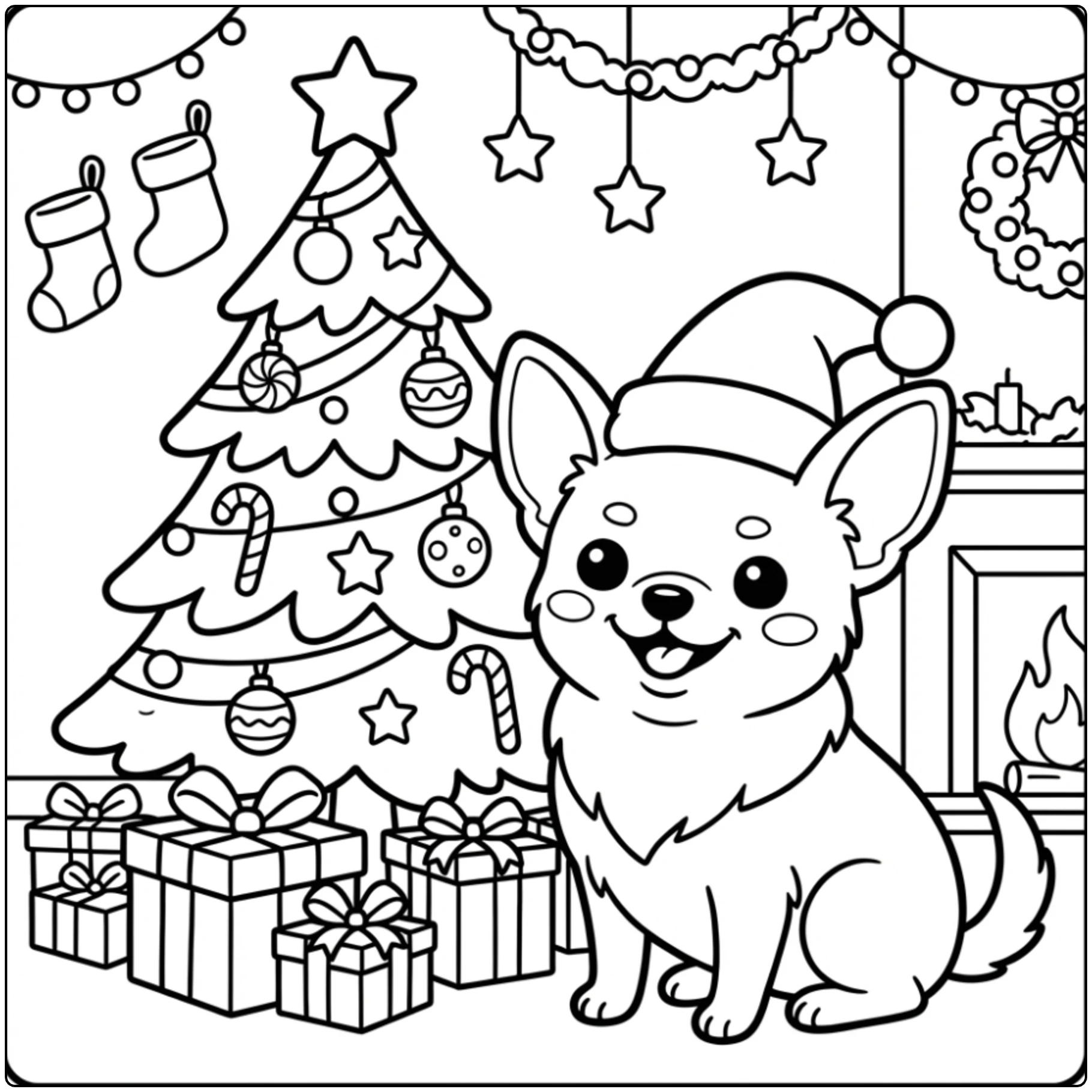 Cute Christmas Chihuahua coloring page with tree and gifts