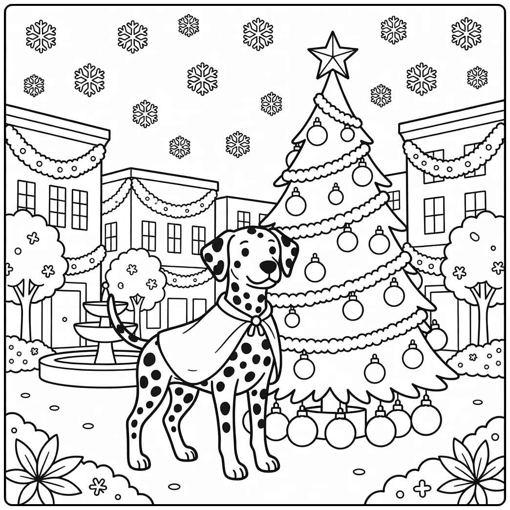 Dalmatian in cape at christmas dog coloring page tree lighting