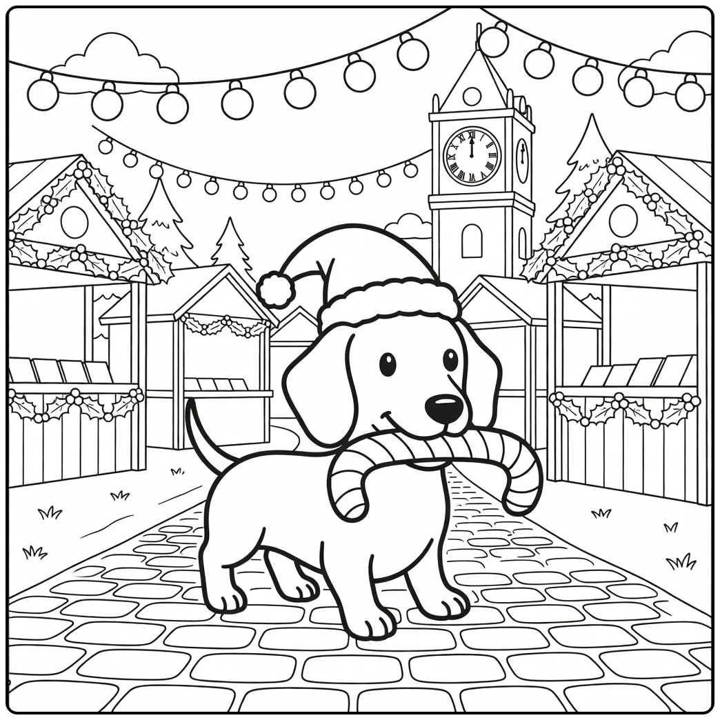 Cute Dachshund at Christmas market, a festive christmas dog coloring page.