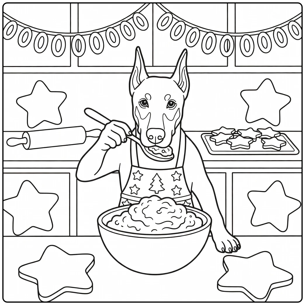 Funny Doberman baking for Christmas dog coloring page