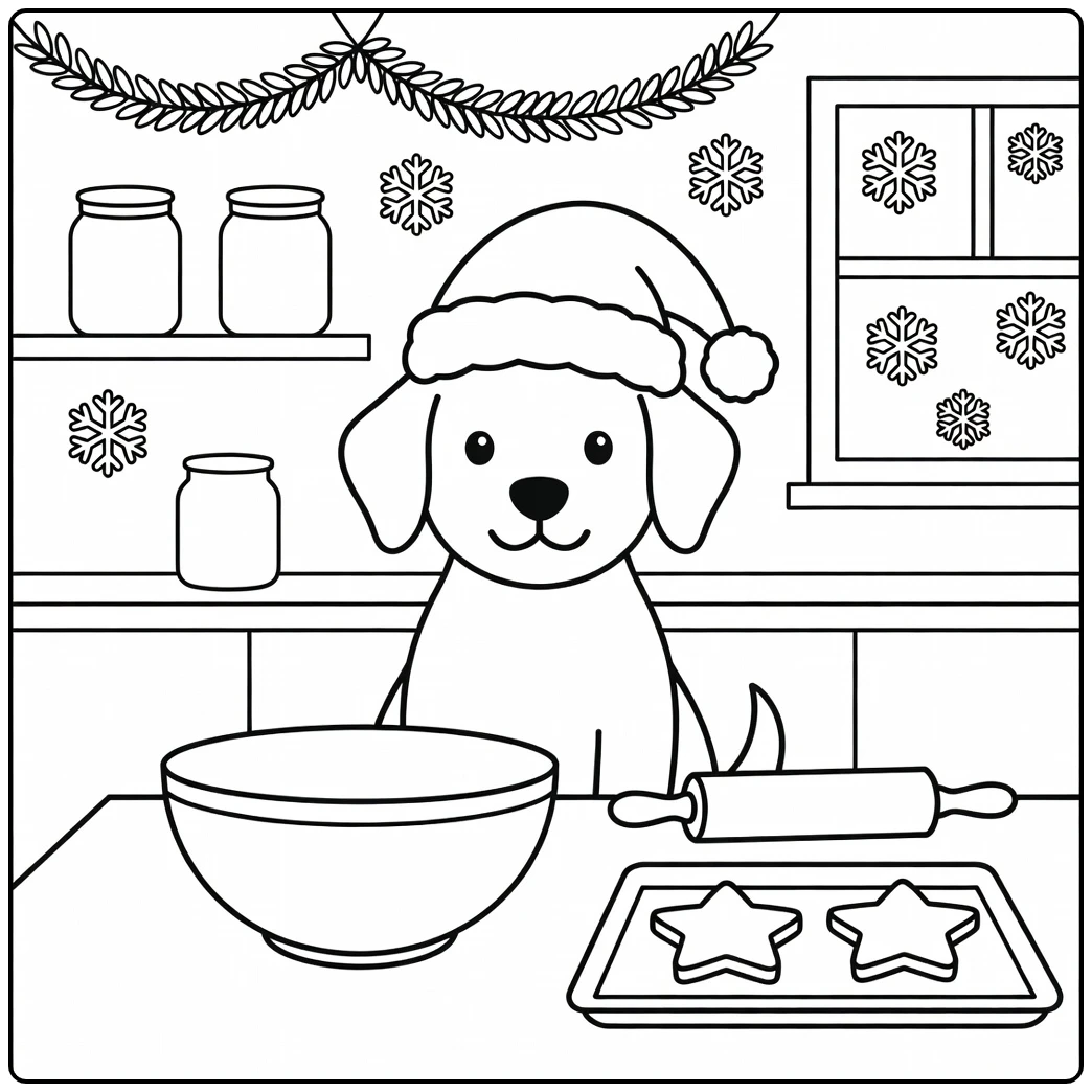 Cute dog with christmas hat coloring page at a holiday baking table.