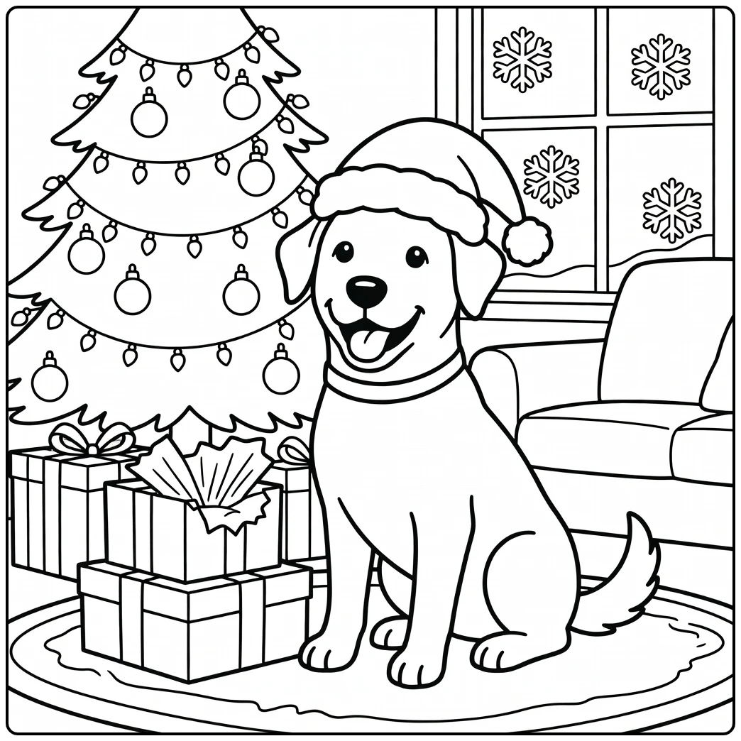 Cheerful dog with christmas hat coloring page, surrounded by gifts and tree.
