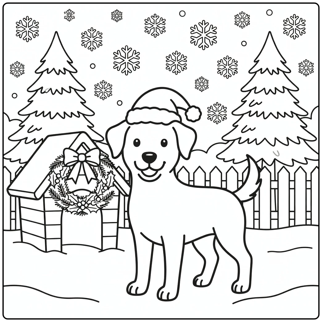 Friendly dog with christmas hat coloring page in snowy yard