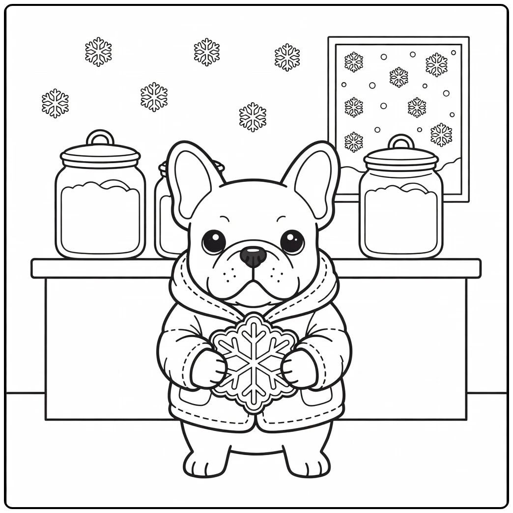 Adorable French Bulldog christmas dog coloring page with a snowflake treat.