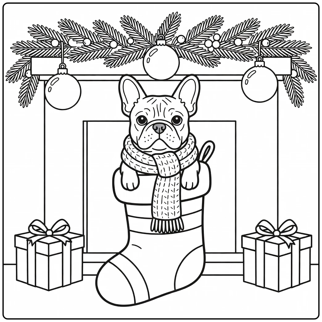 French bulldog in stocking: cute christmas dog coloring page scene