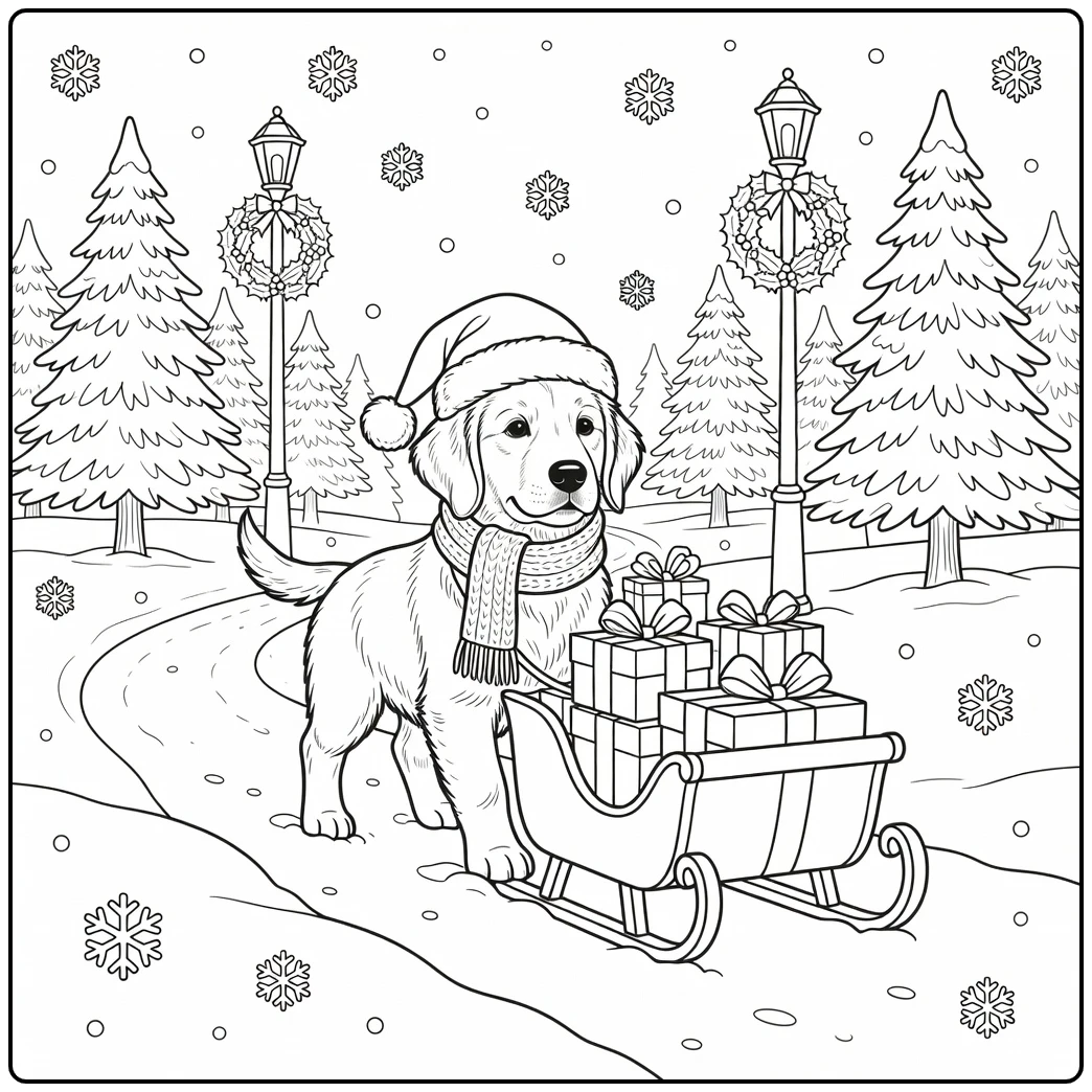 Adorable Golden Retriever puppy pulling gifts, christmas dog coloring page.