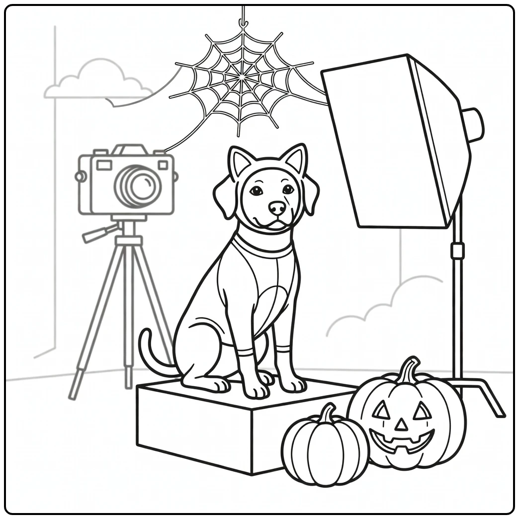 Cute Halloween dog coloring page, cat costume studio portrait.