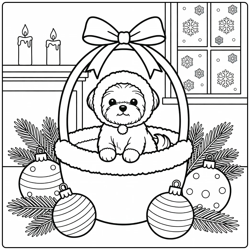 Kawaii Maltese christmas dog coloring page in an ornament basket.