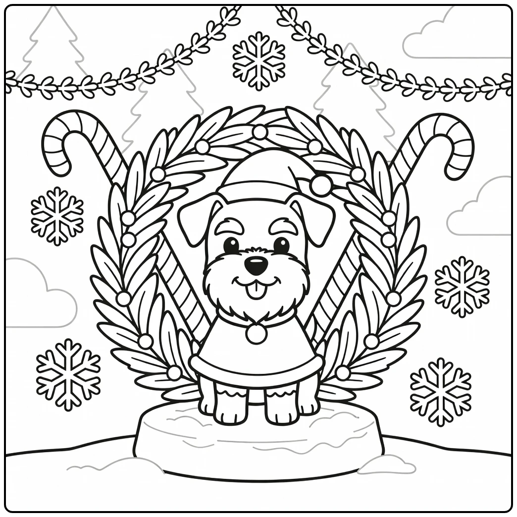 Cute miniature Schnauzer christmas dog coloring page with Santa cape.