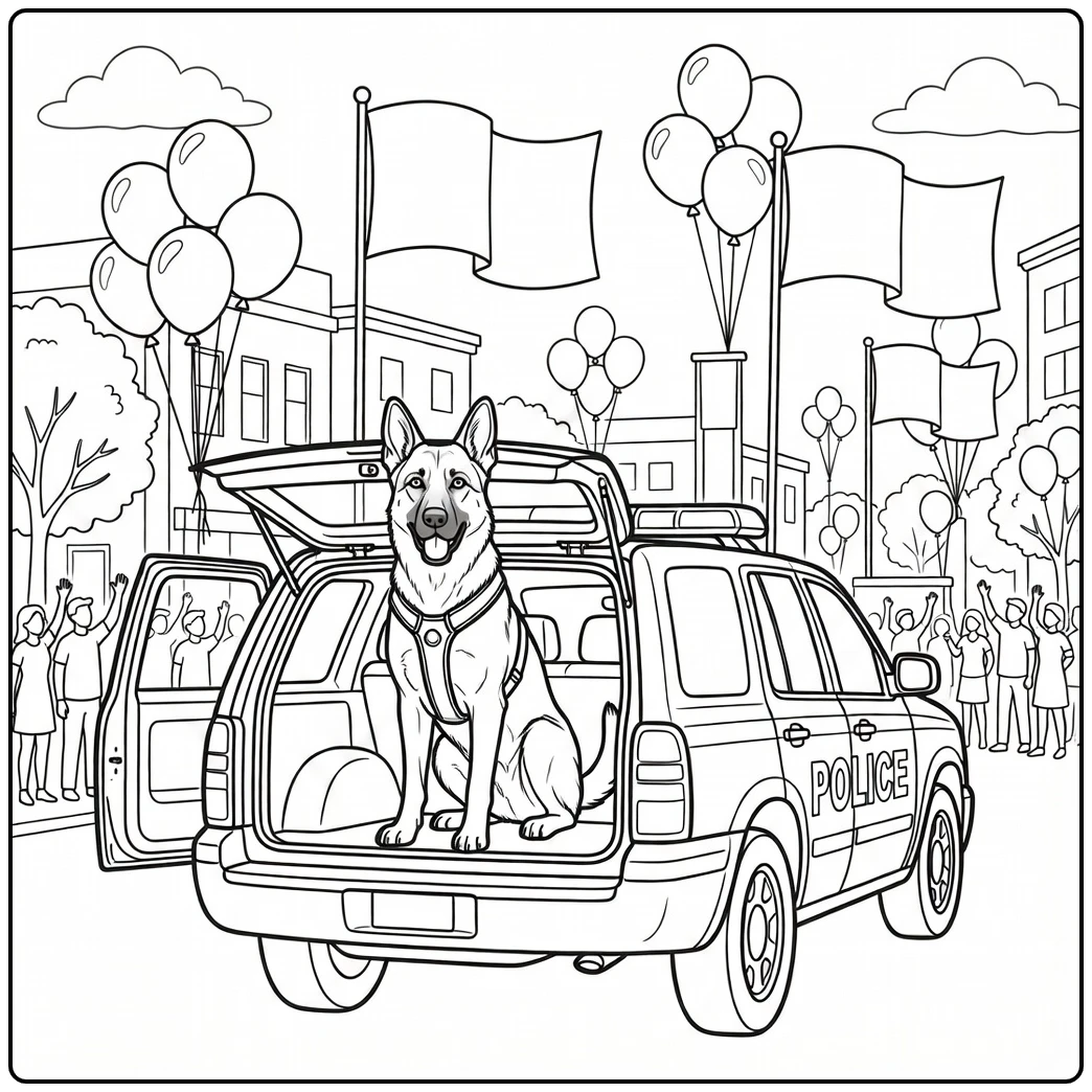 Proud police dog coloring page in open SUV at a lively community parade.
