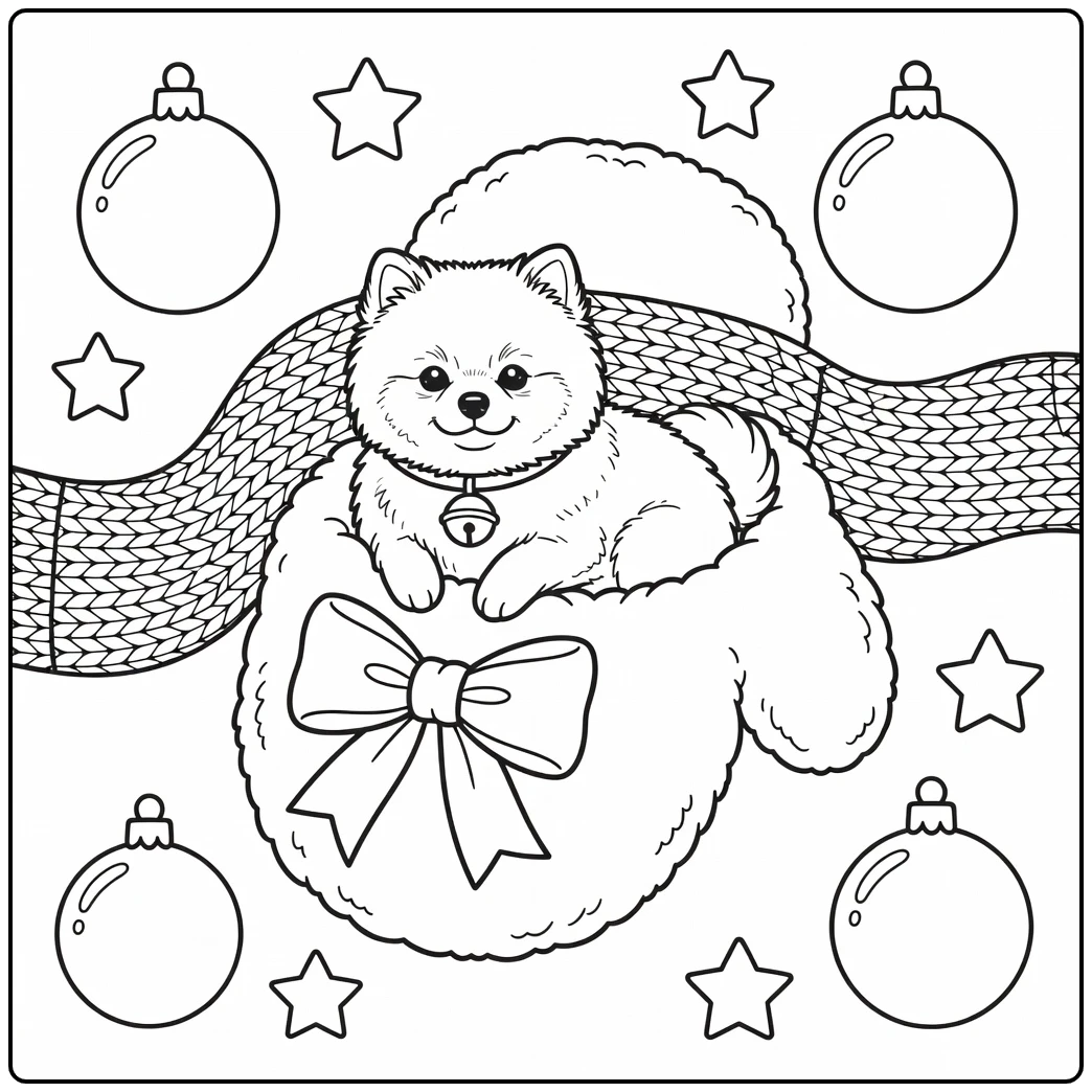 Cute Pomeranian in a mitten bed, a charming christmas dog coloring page.